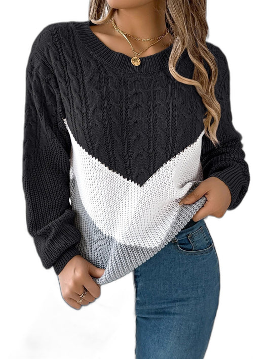 Effortless Color Block Sweater for Women with Crew Neck Long Sleeve Casual Style