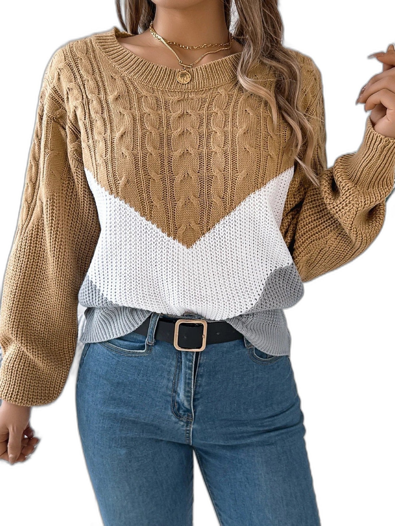 Effortless Color Block Sweater for Women with Crew Neck Long Sleeve Casual Style