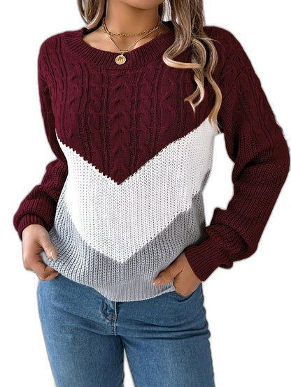 Effortless Color Block Sweater for Women with Crew Neck Long Sleeve Casual Style