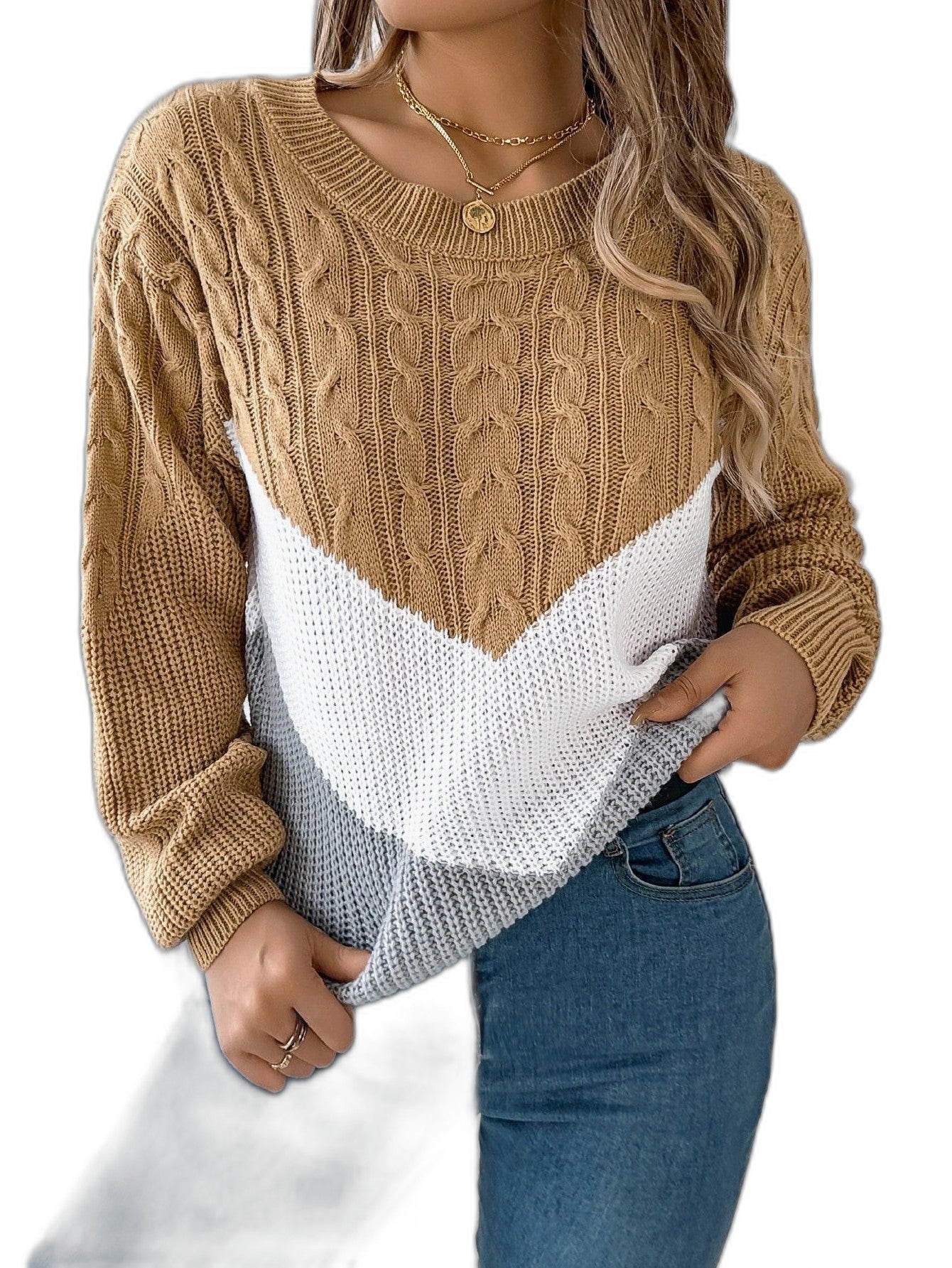 Effortless Color Block Sweater for Women with Crew Neck Long Sleeve Casual Style