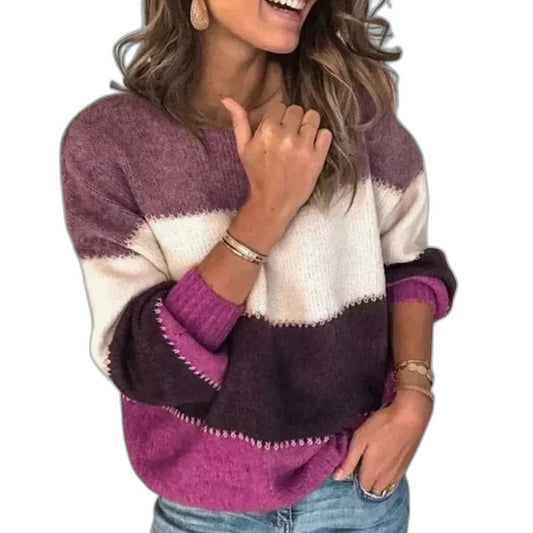 Effortless Color Block Sweater for Women with Crew Neck Long Sleeve Oversized Casual Style