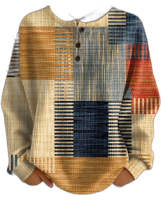 Effortless Color Block Sweater for Women with Geometric Crew Neck Long Sleeve Button Front Oversized Casual Style