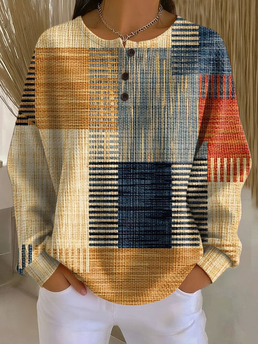Effortless Color Block Sweater for Women with Geometric Crew Neck Long Sleeve Button Front Oversized Casual Style