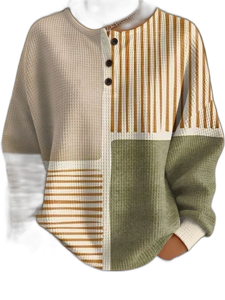 Effortless Color Block Sweater for Women with Knit Crew Neck Long Sleeve Button Front Casual Style