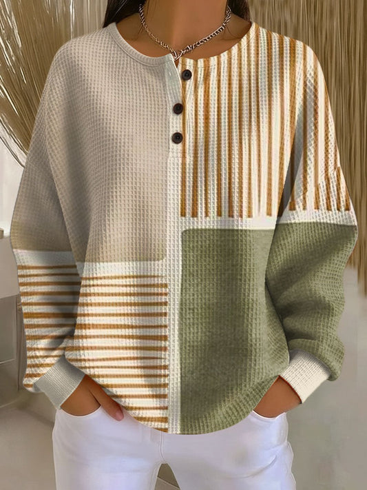 Effortless Color Block Sweater for Women with Knit Crew Neck Long Sleeve Button Front Casual Style