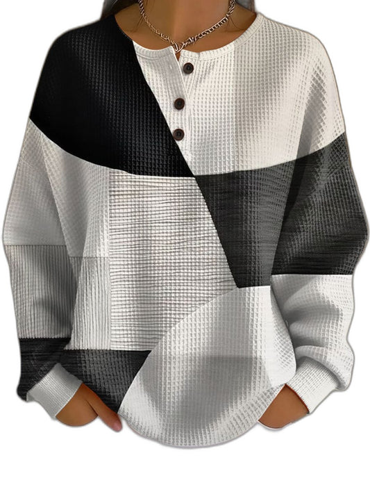 Effortless Color Block Sweater for Women with Knit Crew Neck Long Sleeve Button Front Oversized Casual Style