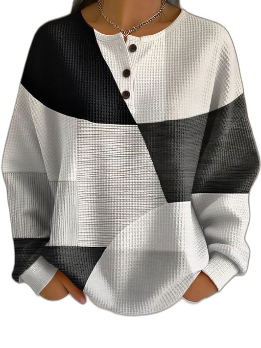 Effortless Color Block Sweater for Women with Knit Crew Neck Long Sleeve Button Front Oversized Casual Style