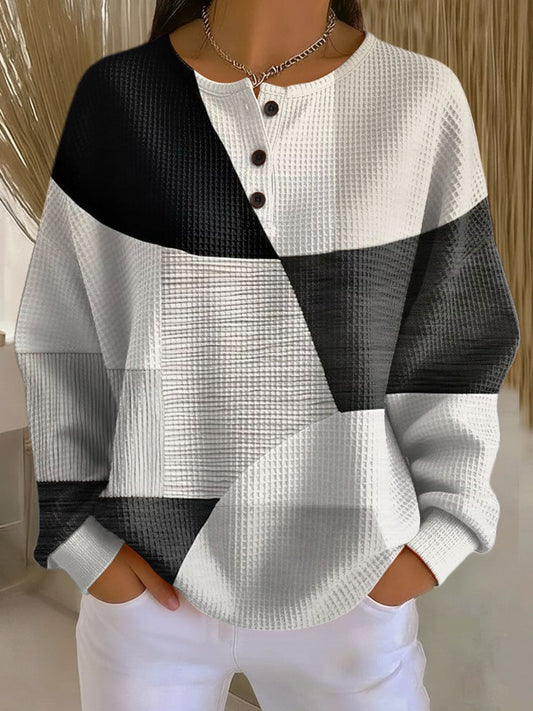 Effortless Color Block Sweater for Women with Knit Crew Neck Long Sleeve Button Front Oversized Casual Style