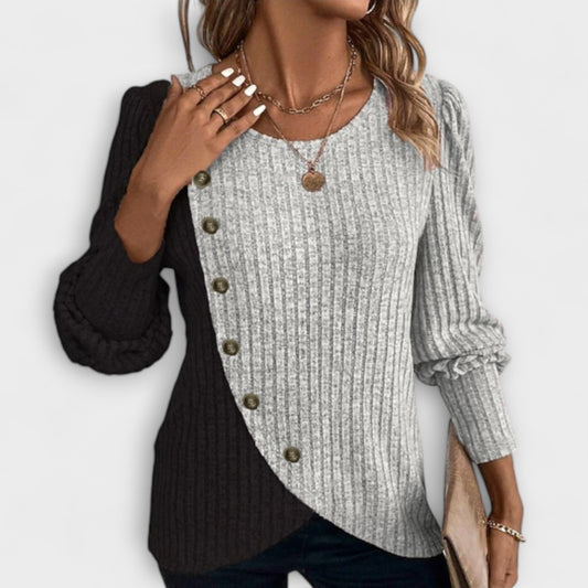 Effortless Color Block Sweater for Women with V Neck Long Sleeve Button Front Casual Style