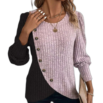 Effortless Color Block Sweater for Women with V Neck Long Sleeve Button Front Casual Style