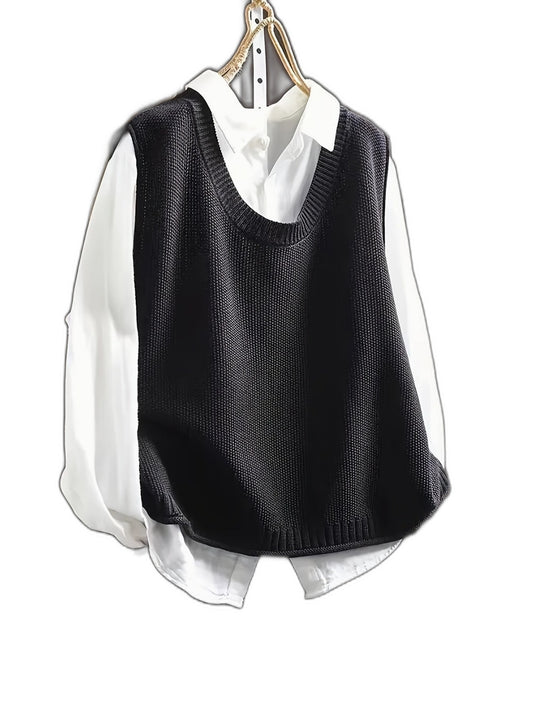 Effortless Color Block Sweater Vest for Women with Crew Neck Sleeveless Casual Style
