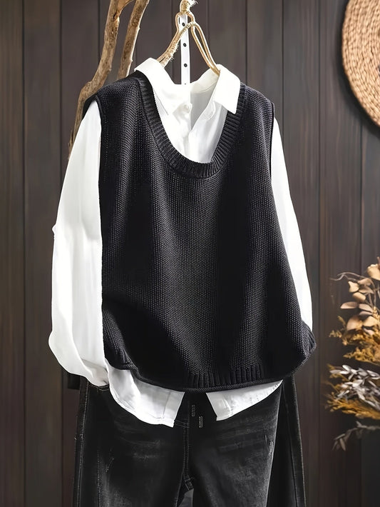 Effortless Color Block Sweater Vest for Women with Crew Neck Sleeveless Casual Style