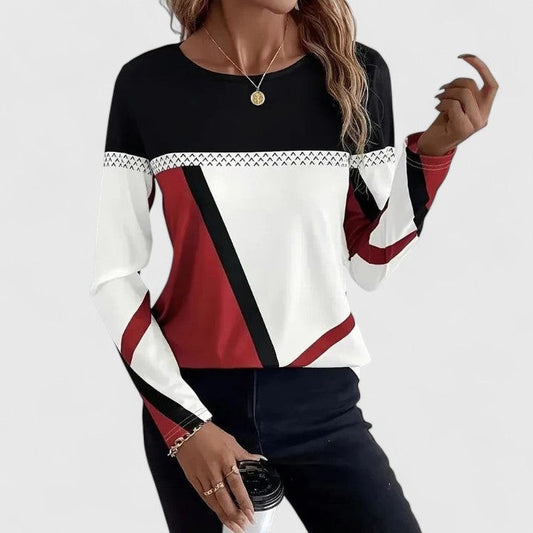 Effortless Color Block T Shirt for Women with Crew Neck Long Sleeve Casual Style
