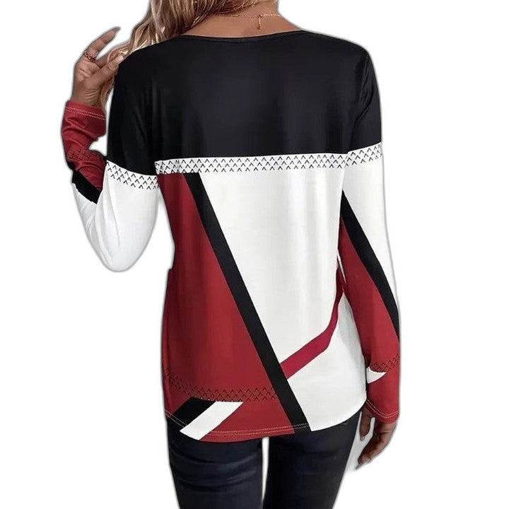 Effortless Color Block T Shirt for Women with Crew Neck Long Sleeve Casual Style