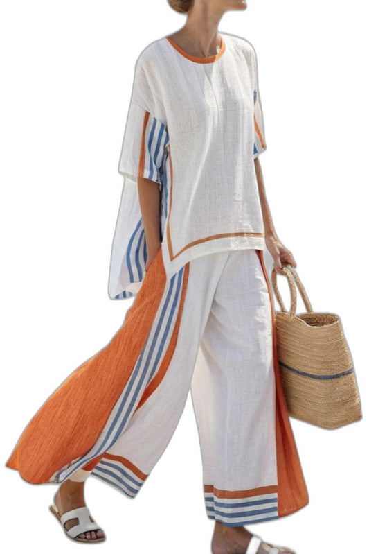 Effortless Color Block Two Piece Set for Women with Wide Leg Casual Style
