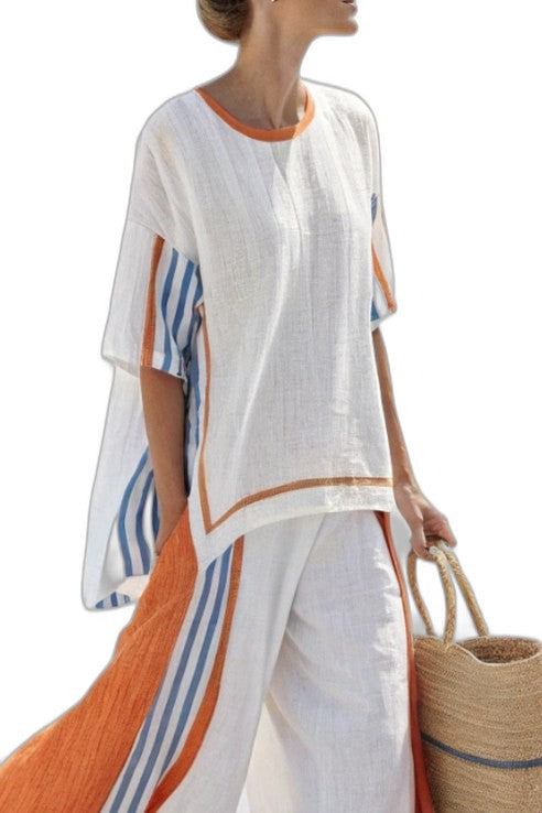 Effortless Color Block Two Piece Set for Women with Wide Leg Casual Style