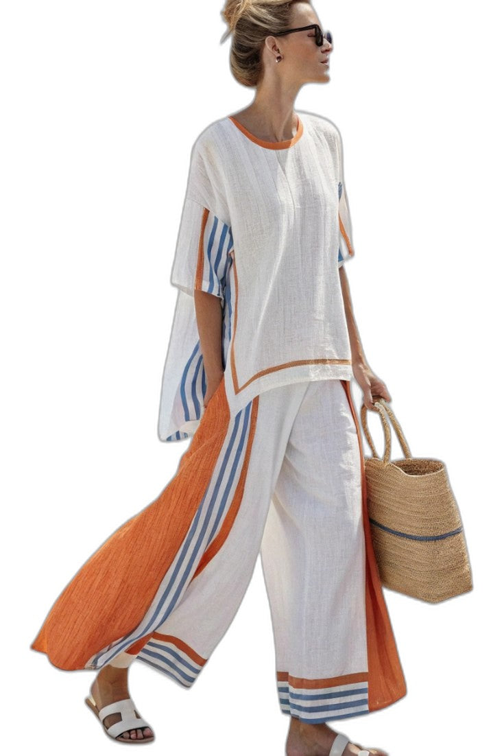 Effortless Color Block Two Piece Set for Women with Wide Leg Casual Style