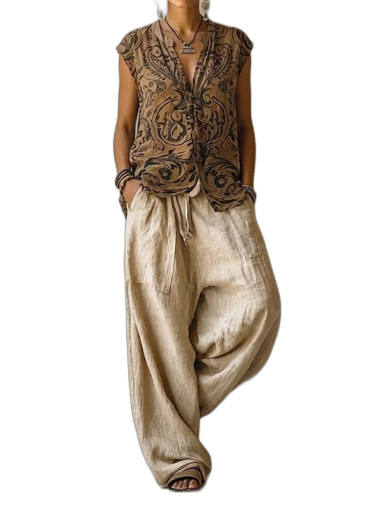 Effortless Cotton Two Piece Set for Women with Wide Leg Flowing Casual Style
