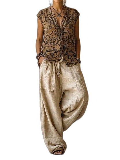 Effortless Cotton Two Piece Set for Women with Wide Leg Flowing Casual Style