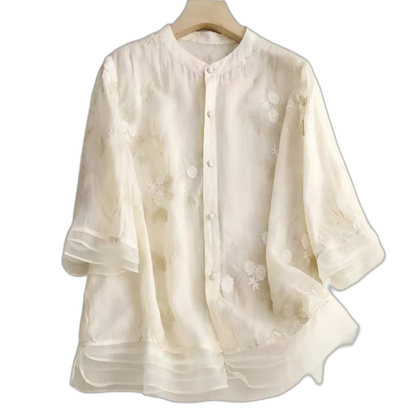 Effortless Cream Blouse for Women with Collared Elbow Sleeve Button Front Flowing Embroidered Casual Style