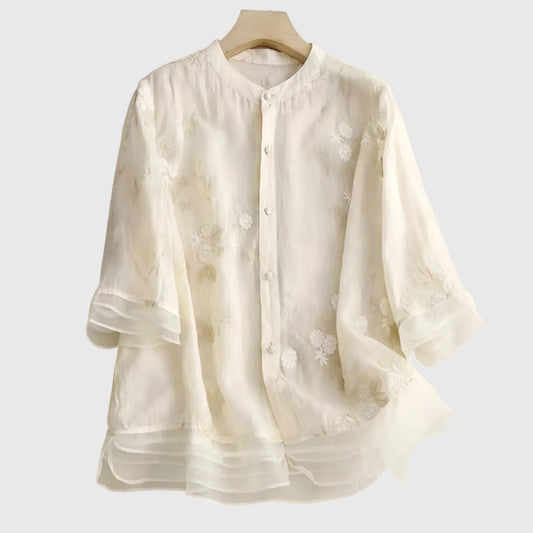 Effortless Cream Blouse for Women with Collared Elbow Sleeve Button Front Flowing Embroidered Casual Style