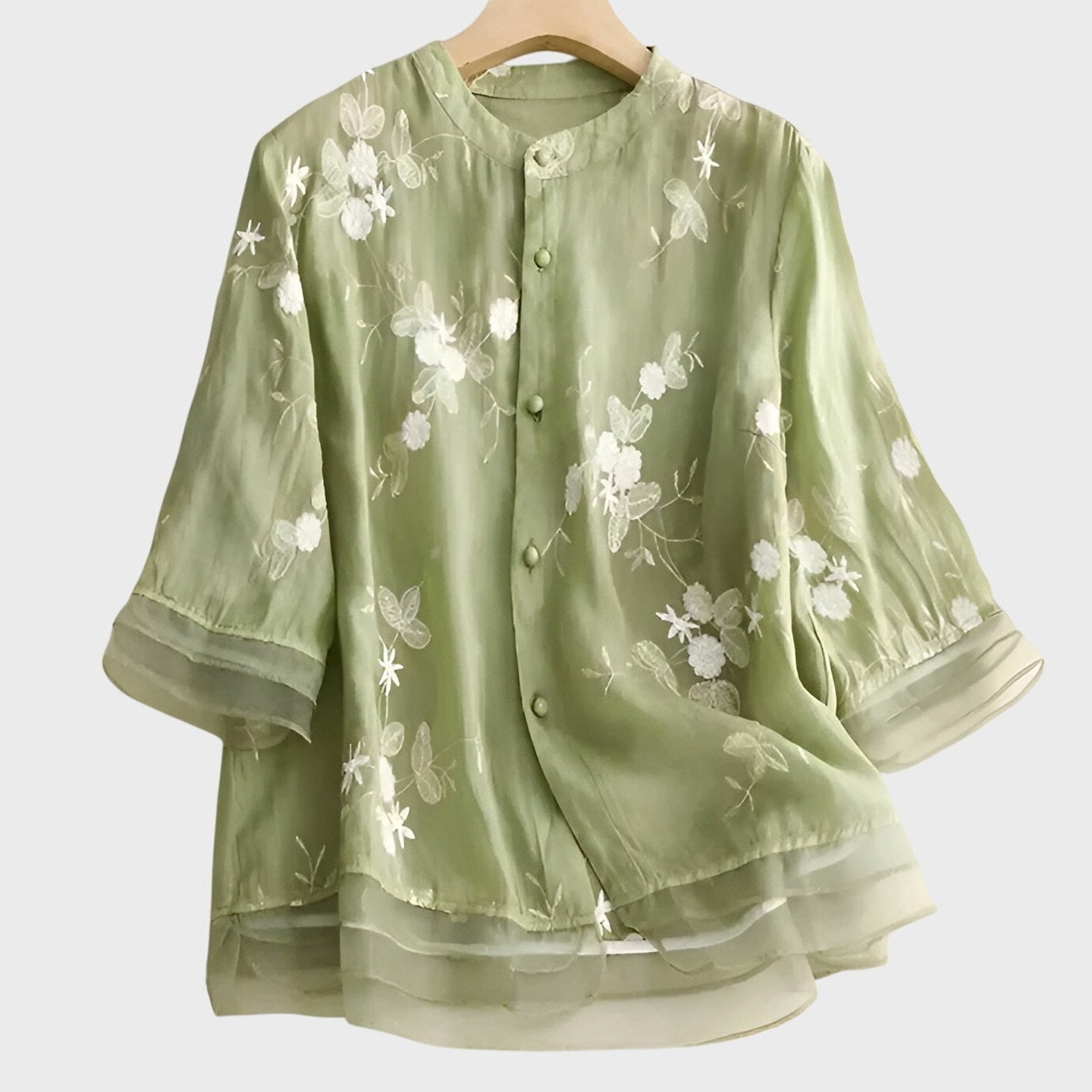 Effortless Cream Blouse for Women with Collared Elbow Sleeve Button Front Flowing Embroidered Casual Style