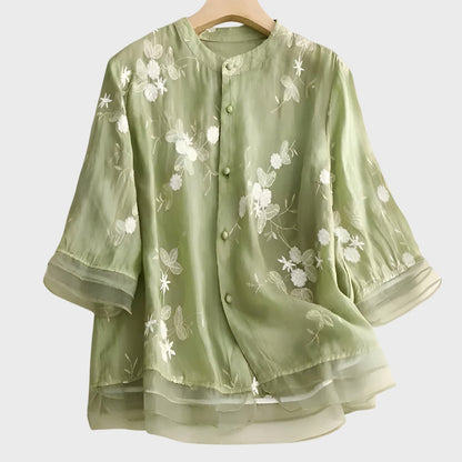 Effortless Cream Blouse for Women with Collared Elbow Sleeve Button Front Flowing Embroidered Casual Style