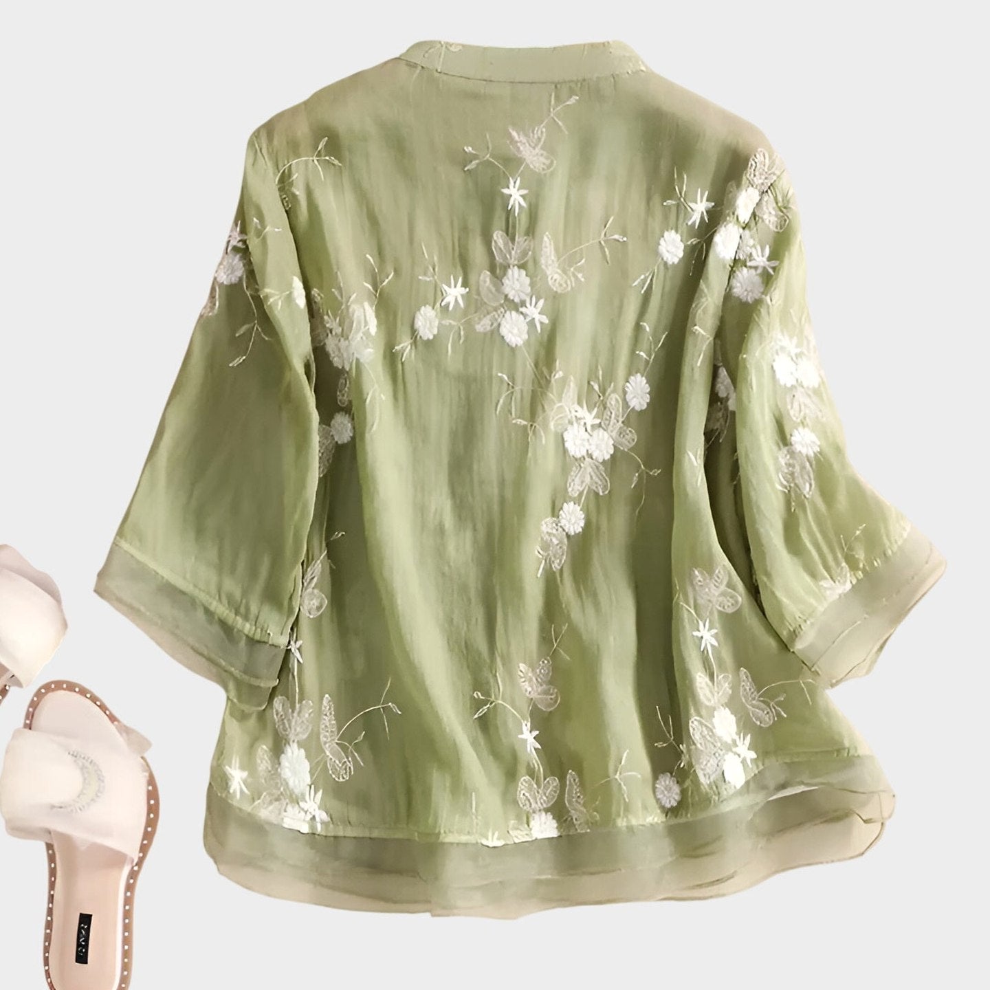 Effortless Cream Blouse for Women with Collared Elbow Sleeve Button Front Flowing Embroidered Casual Style