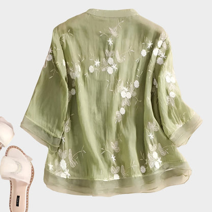 Effortless Cream Blouse for Women with Collared Elbow Sleeve Button Front Flowing Embroidered Casual Style
