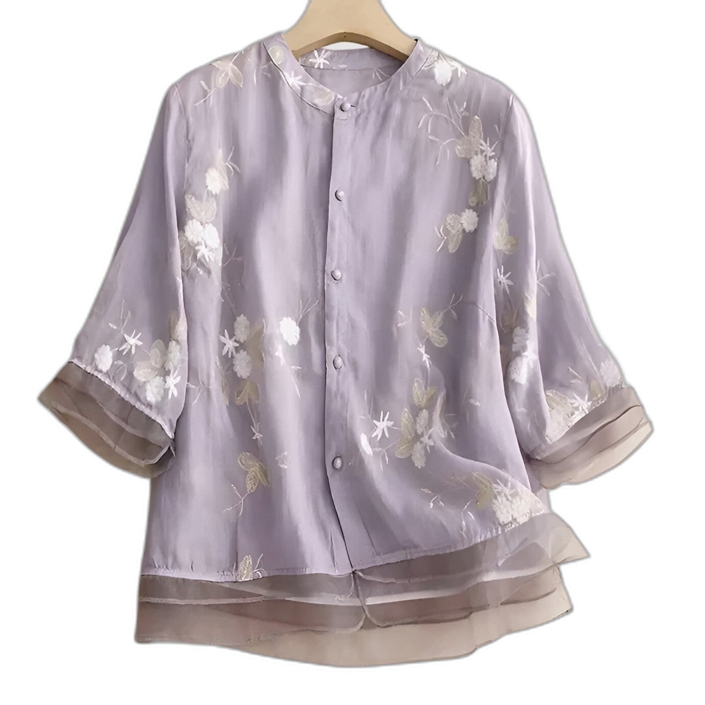 Effortless Cream Blouse for Women with Collared Elbow Sleeve Button Front Flowing Embroidered Casual Style