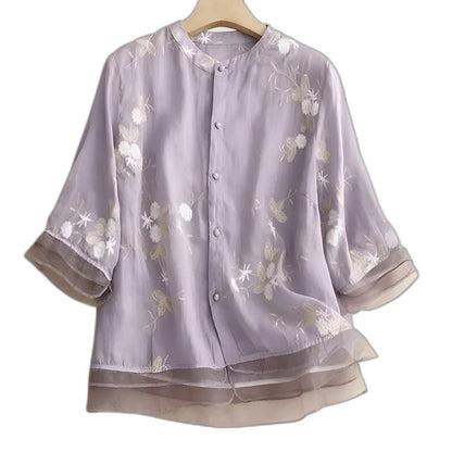 Effortless Cream Blouse for Women with Collared Elbow Sleeve Button Front Flowing Embroidered Casual Style