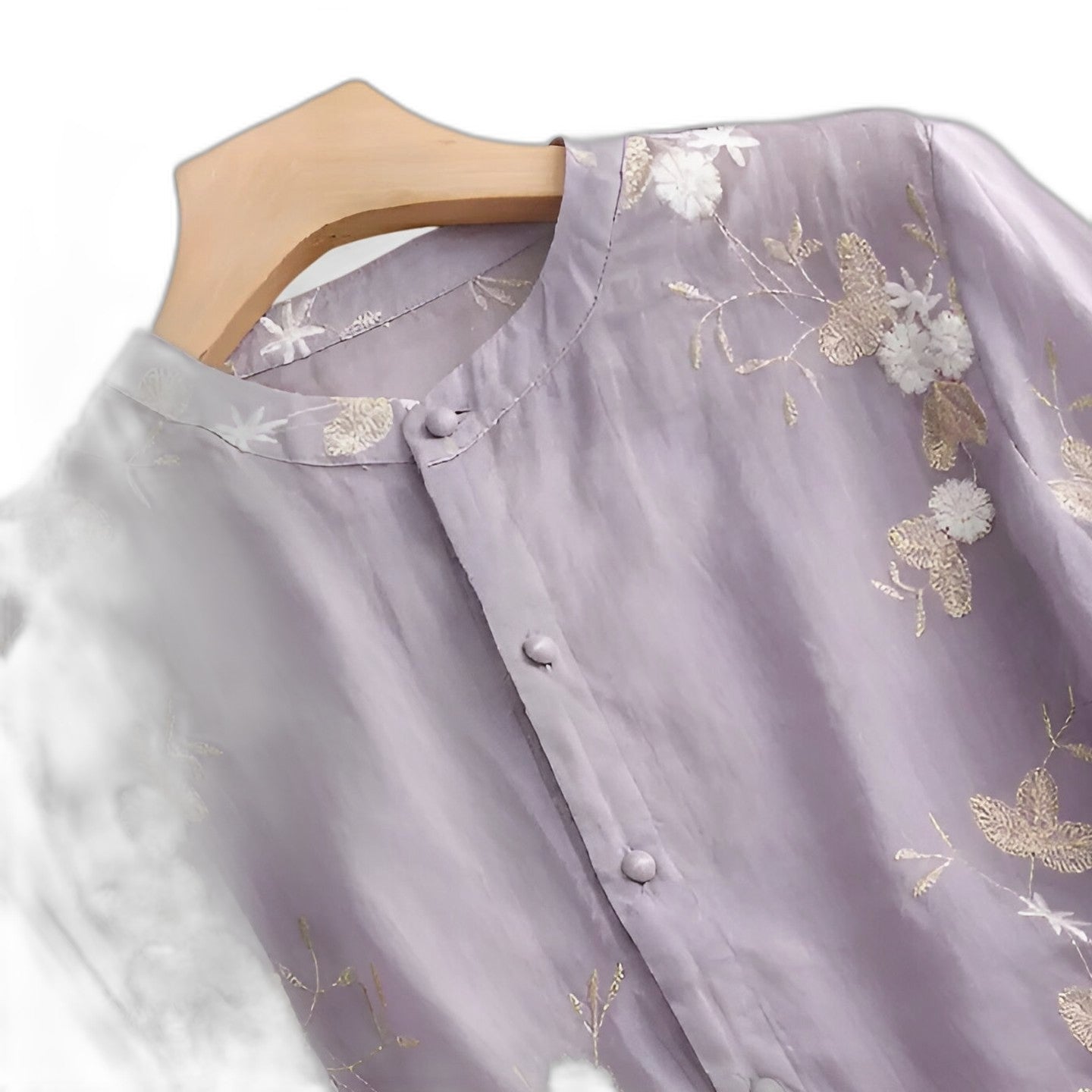 Effortless Cream Blouse for Women with Collared Elbow Sleeve Button Front Flowing Embroidered Casual Style