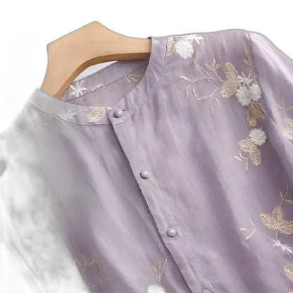 Effortless Cream Blouse for Women with Collared Elbow Sleeve Button Front Flowing Embroidered Casual Style