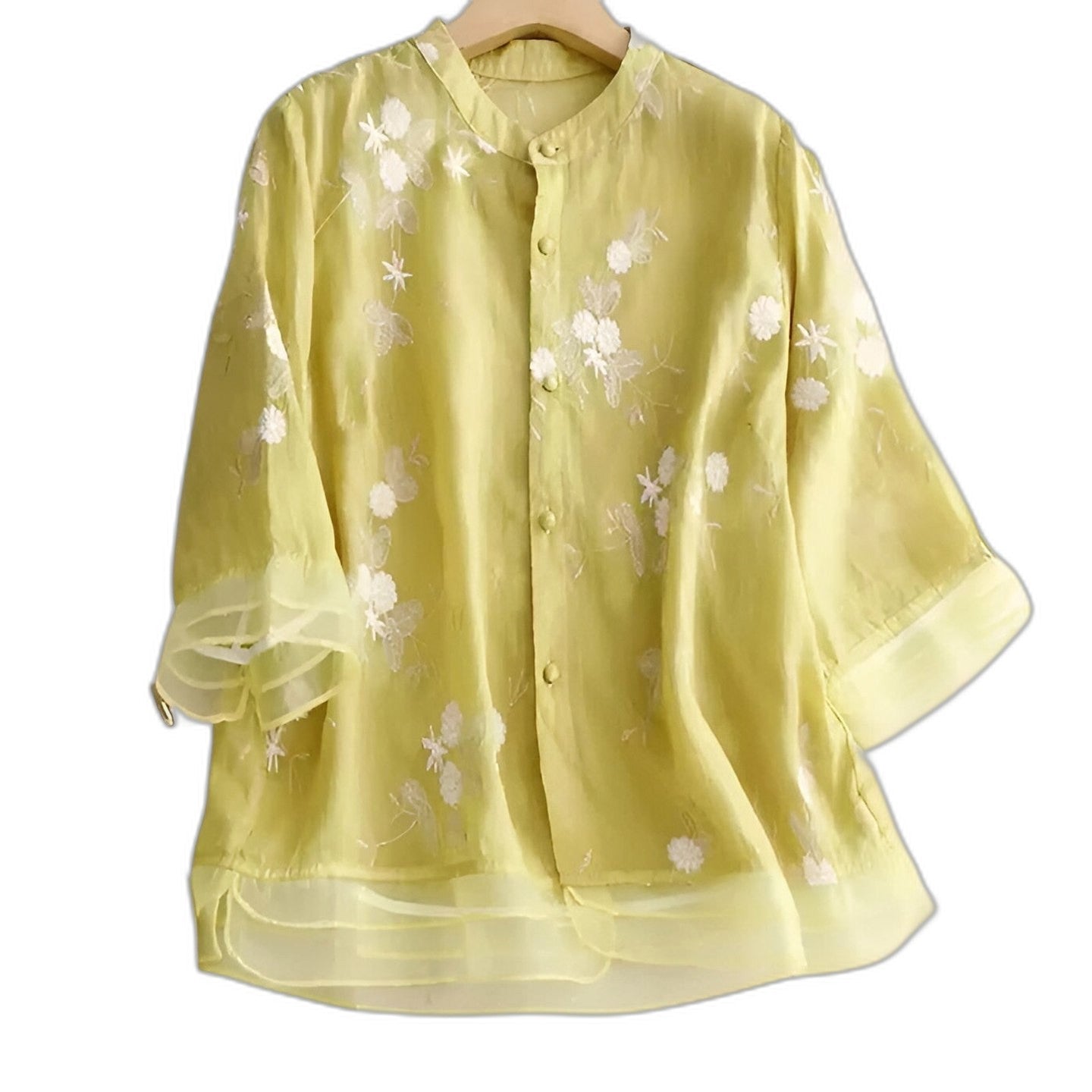 Effortless Cream Blouse for Women with Collared Elbow Sleeve Button Front Flowing Embroidered Casual Style