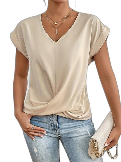 Effortless Cream Blouse for Women with V Neck Short Sleeve Ruched Flowing Casual Style