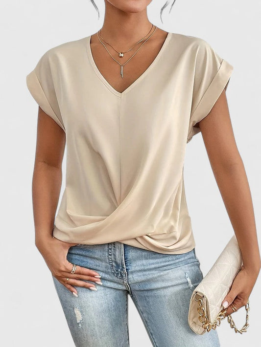 Effortless Cream Blouse for Women with V Neck Short Sleeve Ruched Flowing Casual Style