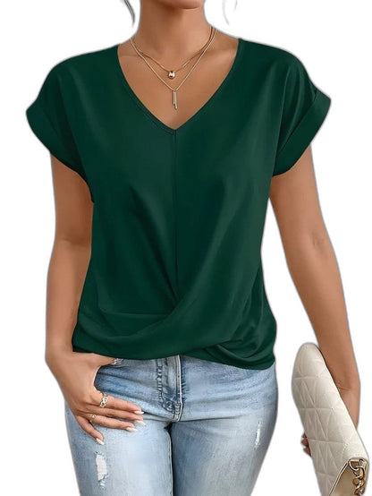 Effortless Cream Blouse for Women with V Neck Short Sleeve Ruched Flowing Casual Style