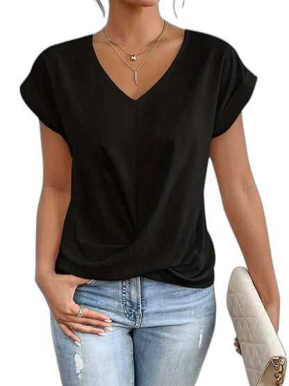 Effortless Cream Blouse for Women with V Neck Short Sleeve Ruched Flowing Casual Style