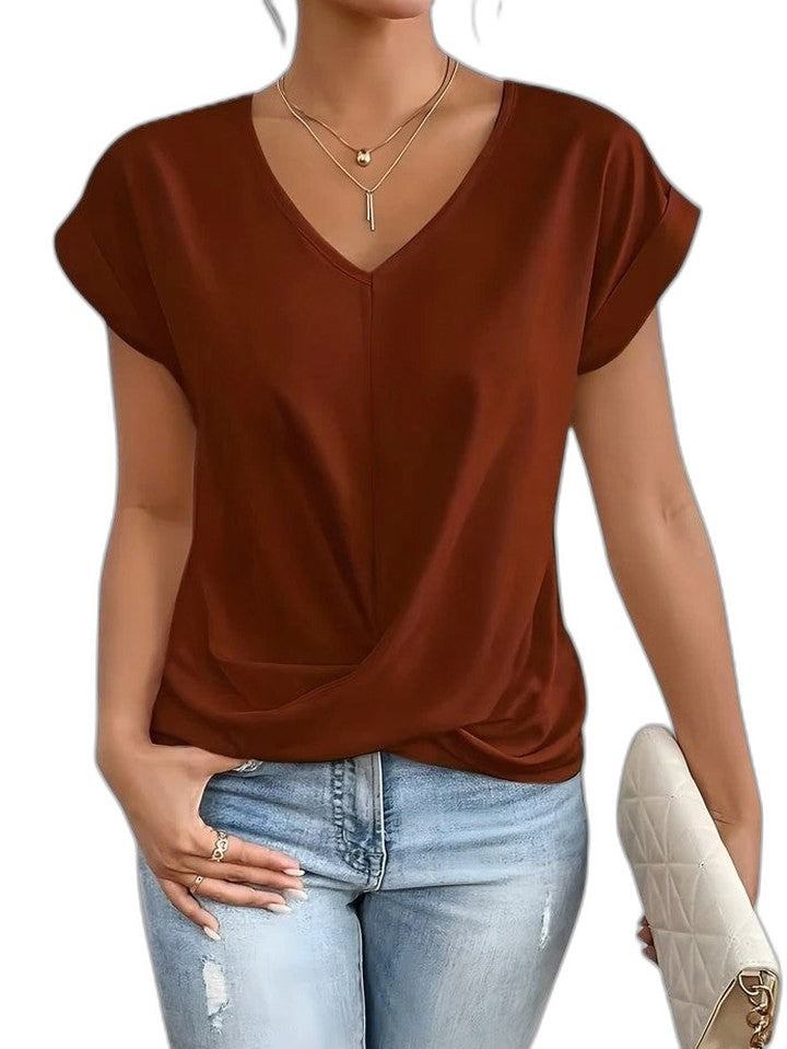 Effortless Cream Blouse for Women with V Neck Short Sleeve Ruched Flowing Casual Style