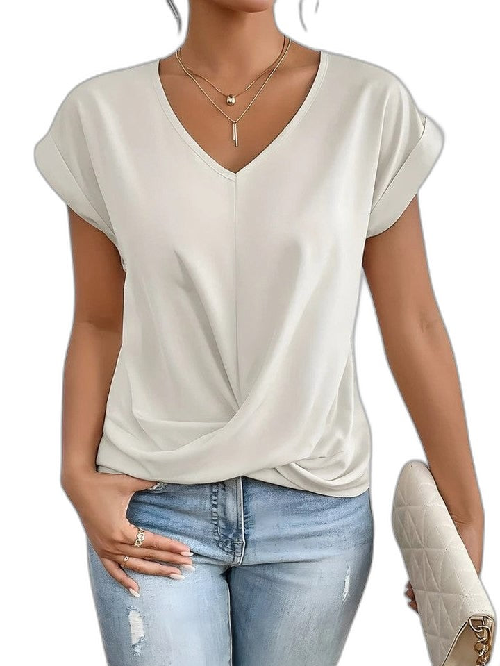 Effortless Cream Blouse for Women with V Neck Short Sleeve Ruched Flowing Casual Style