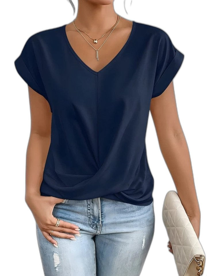 Effortless Cream Blouse for Women with V Neck Short Sleeve Ruched Flowing Casual Style