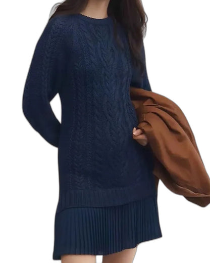 Effortless Cream Cable Knit Mini Dress for Women with Crew Neck Long Sleeve Tiered Casual Style