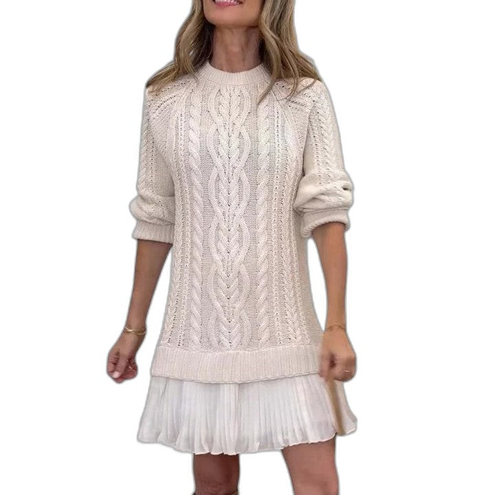 Effortless Cream Cable Knit Mini Dress for Women with Crew Neck Long Sleeve Tiered Casual Style