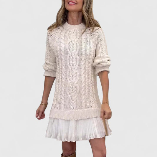 Effortless Cream Cable Knit Mini Dress for Women with Crew Neck Long Sleeve Tiered Casual Style