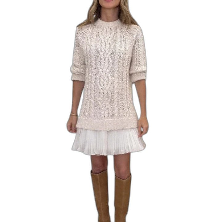 Effortless Cream Cable Knit Mini Dress for Women with Crew Neck Long Sleeve Tiered Casual Style