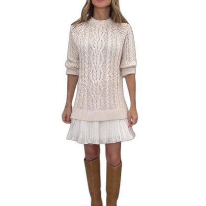 Effortless Cream Cable Knit Mini Dress for Women with Crew Neck Long Sleeve Tiered Casual Style