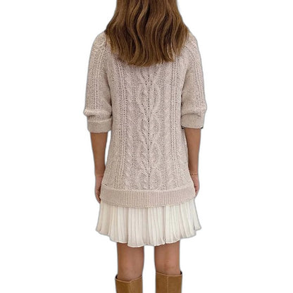 Effortless Cream Cable Knit Mini Dress for Women with Crew Neck Long Sleeve Tiered Casual Style
