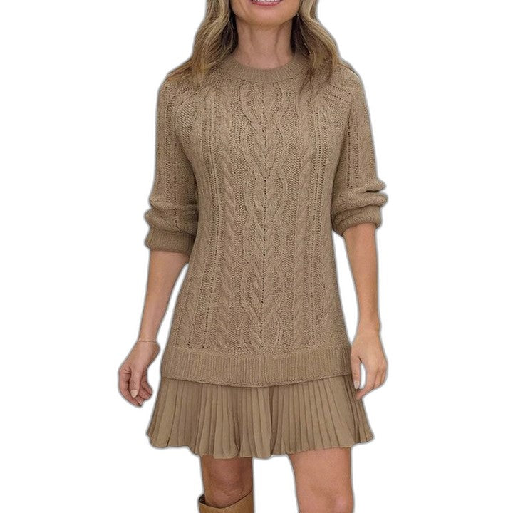 Effortless Cream Cable Knit Mini Dress for Women with Crew Neck Long Sleeve Tiered Casual Style
