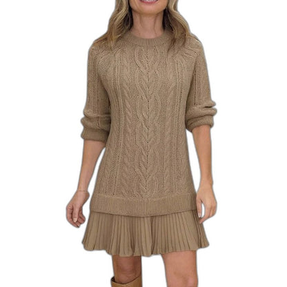 Effortless Cream Cable Knit Mini Dress for Women with Crew Neck Long Sleeve Tiered Casual Style