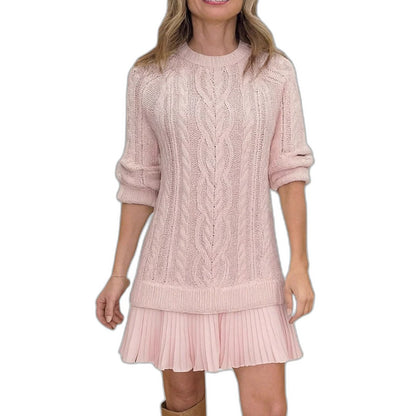 Effortless Cream Cable Knit Mini Dress for Women with Crew Neck Long Sleeve Tiered Casual Style